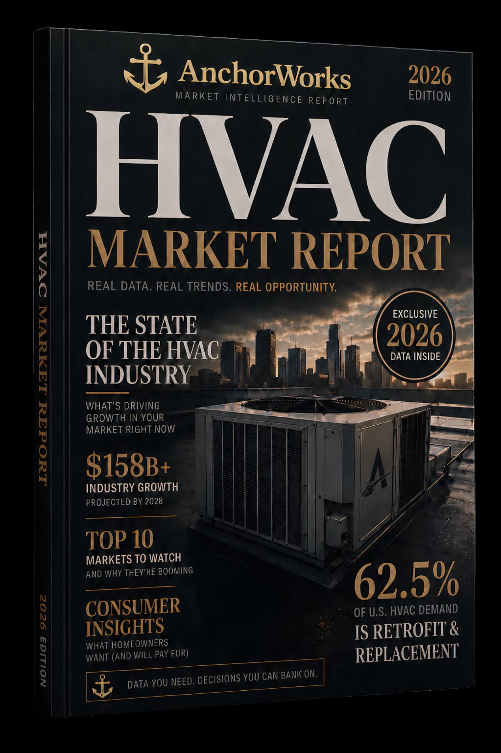2026 HVAC Revenue Benchmark Report by AnchorWorks — 3D cover of the HVAC industry benchmark report